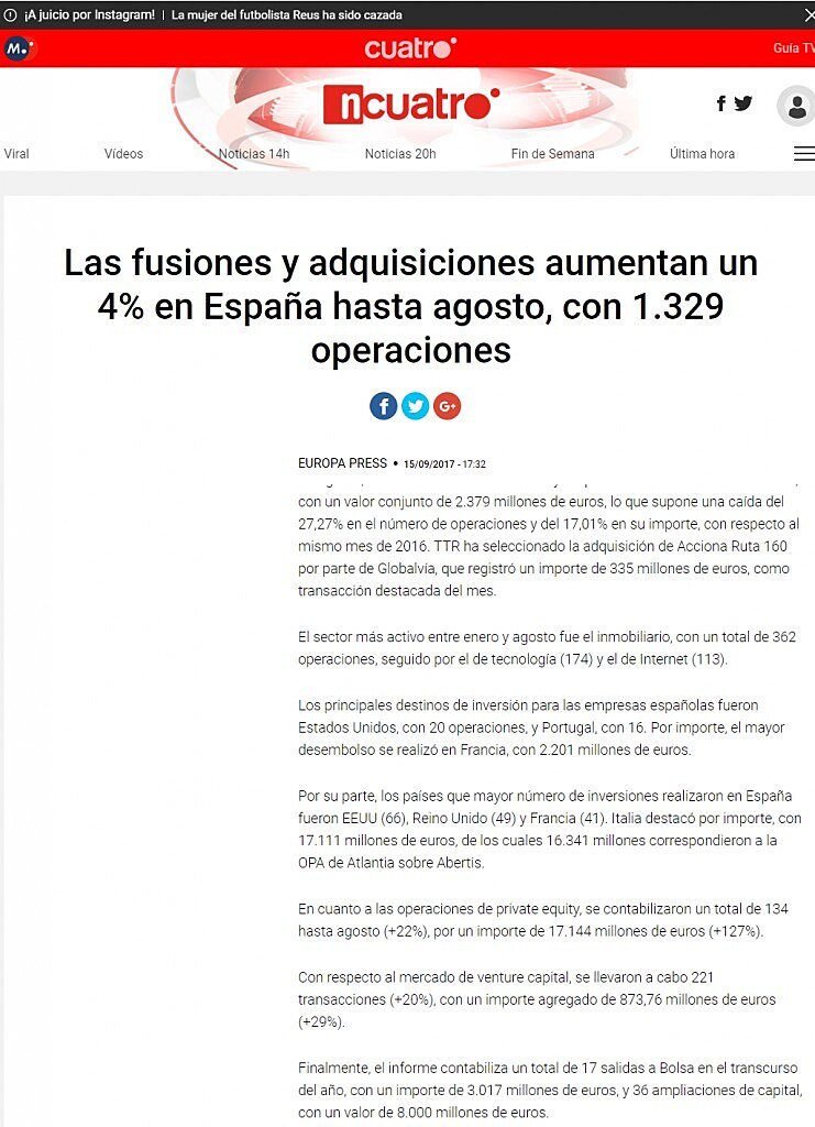 Las fusiones y adquisiciones aumentan un 4% en Espaa hasta agosto, con 1.329 operaciones